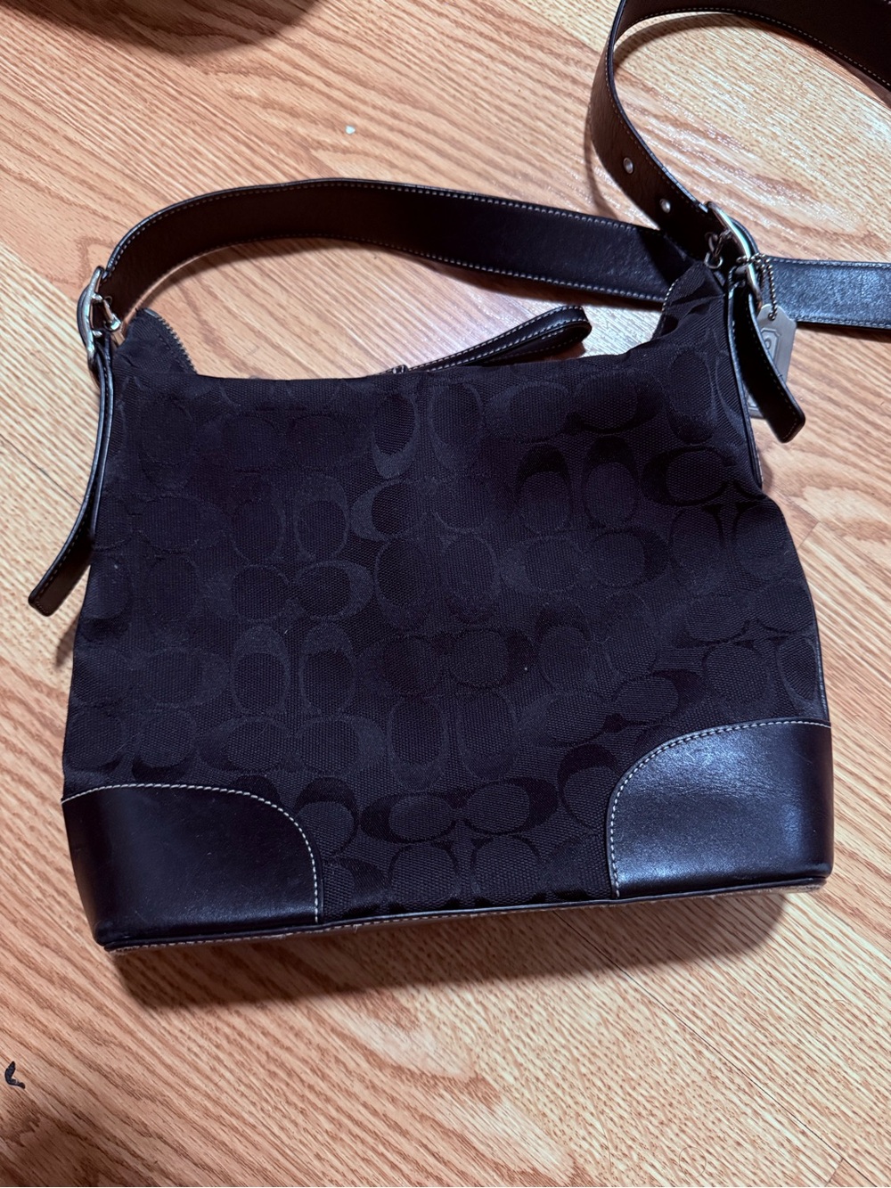 Coach Black Signature Canvas Shoulder Bag with Leather Trim